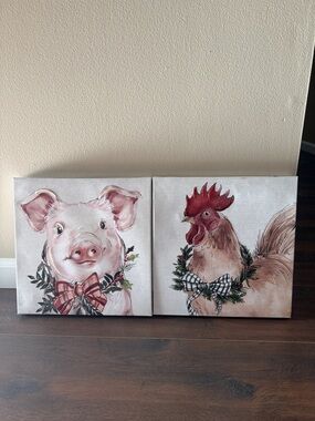 FARMHOUSE 12 X12 HOLIDAY PRECIOUS PIG And HOLIDAY ROOSTER WALL DECOR